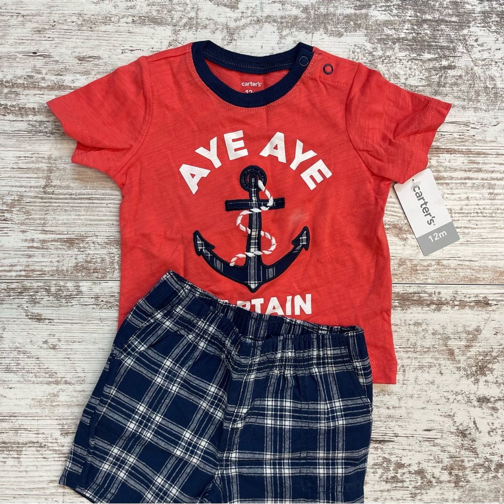 NWT 12m Carter's Orange Anchor Tee and Blue Plaid Shorts Set